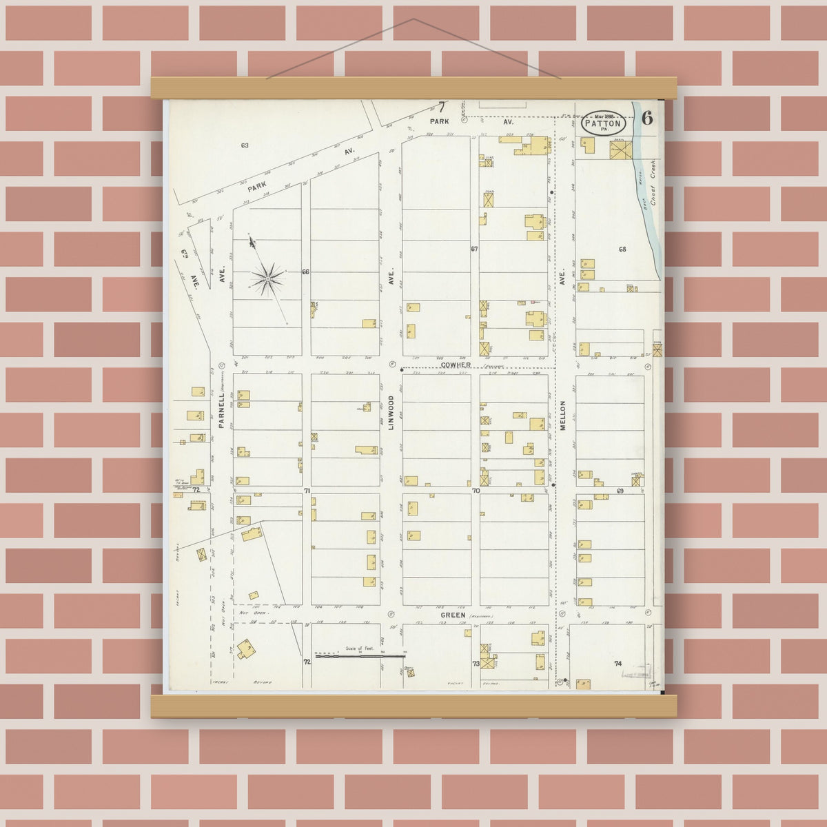 Old map wall art mockup — magnetic wood frame on brick wall — Sanborn Fire Insurance Map from Patton, Cambria County, Pennsylvania (1898), Sheet #0006