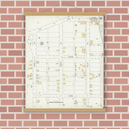 Old map wall art mockup — magnetic wood frame on brick wall — Sanborn Fire Insurance Map from Patton, Cambria County, Pennsylvania (1898), Sheet #0006