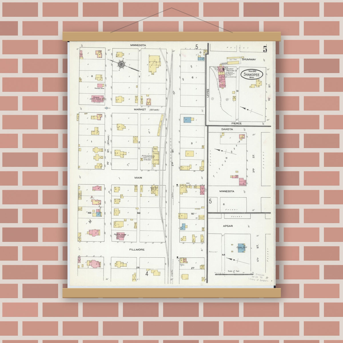Old map wall art mockup — magnetic wood frame on brick wall — Sanborn Fire Insurance Map from Shakopee, Scott County, Minnesota (1910), Sheet #0005
