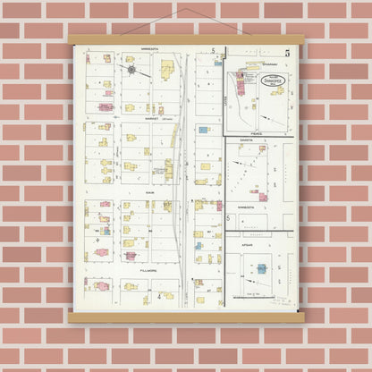 Old map wall art mockup — magnetic wood frame on brick wall — Sanborn Fire Insurance Map from Shakopee, Scott County, Minnesota (1910), Sheet #0005
