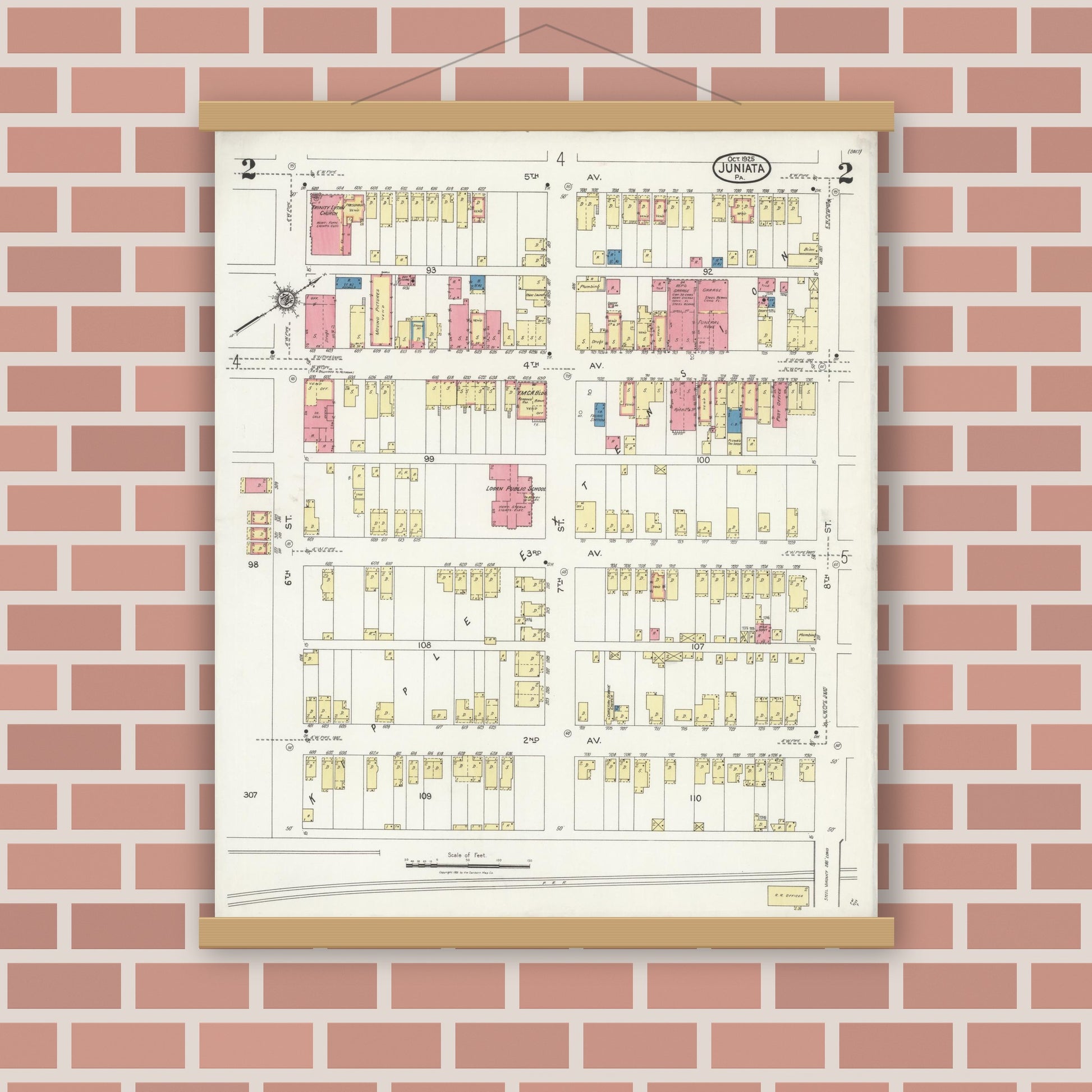 Old map wall art mockup — magnetic wood frame on brick wall — Sanborn Fire Insurance Map from Juniata, Blair County, Pennsylvania (1925), Sheet #0002