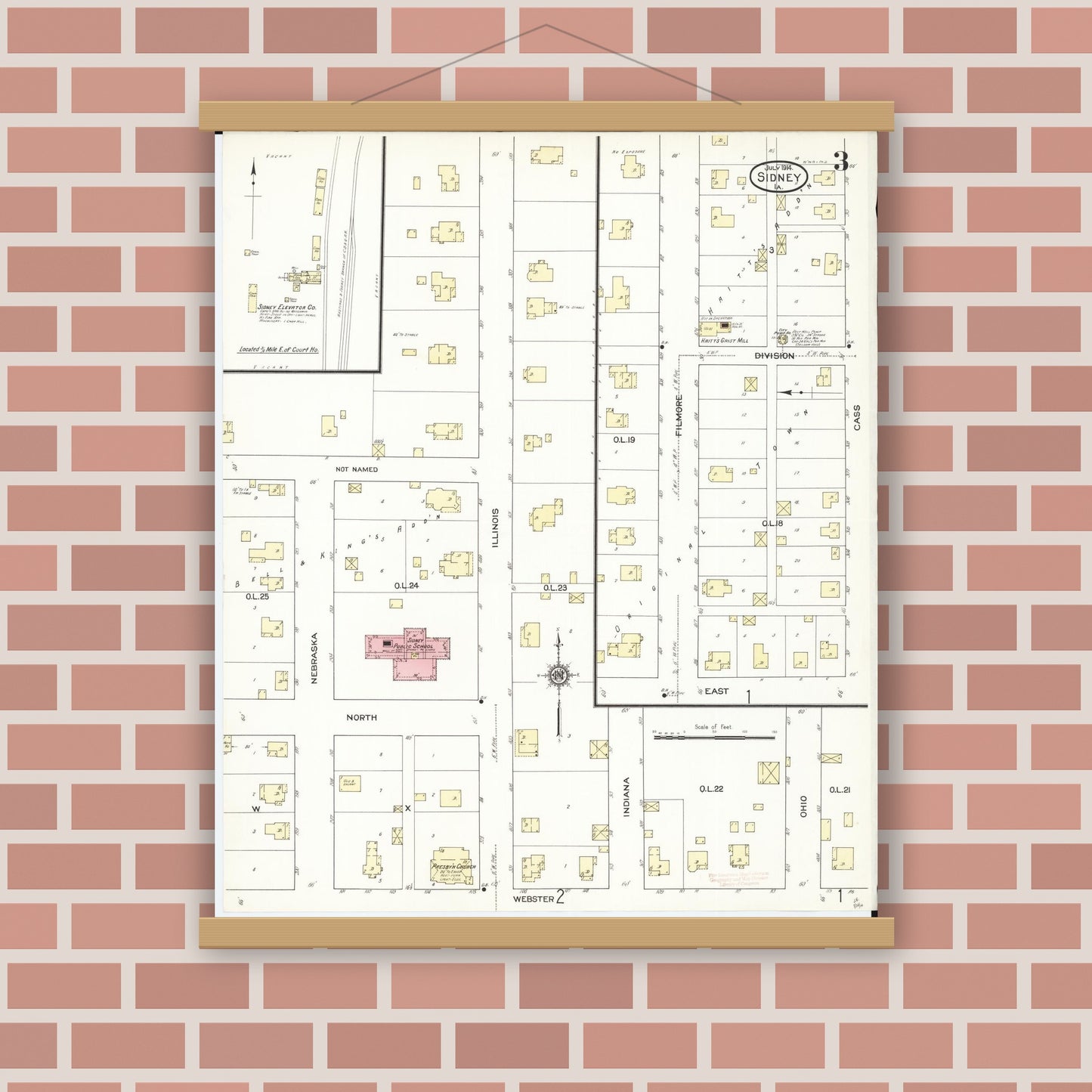 Old map wall art mockup — magnetic wood frame on brick wall — Sanborn Fire Insurance Map from Sidney, Fremont County, Iowa (1914), Sheet #0003