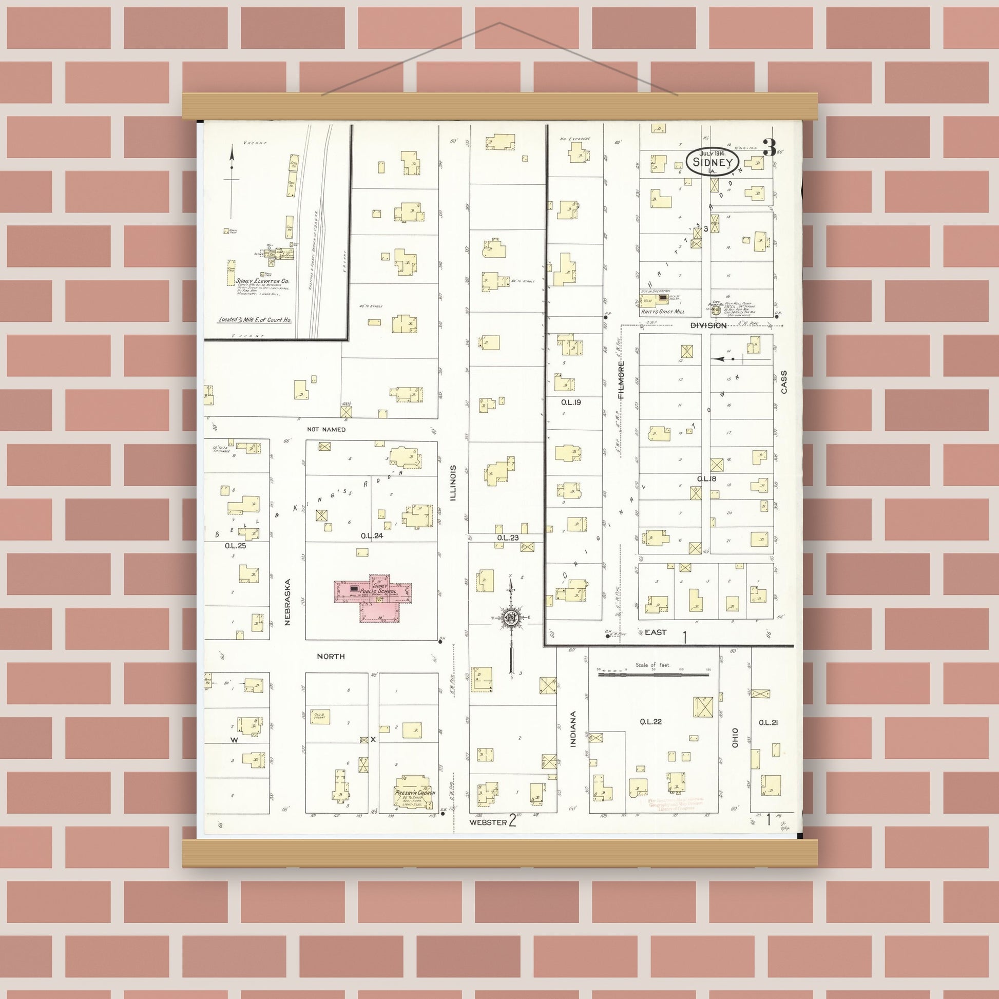 Old map wall art mockup — magnetic wood frame on brick wall — Sanborn Fire Insurance Map from Sidney, Fremont County, Iowa (1914), Sheet #0003