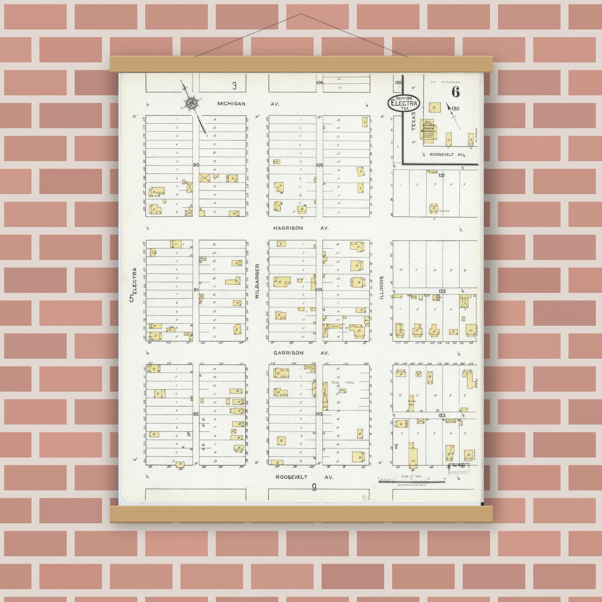 Old map wall art mockup — magnetic wood frame on brick wall — Sanborn Fire Insurance Map from Electra, Wichita County, Texas (1919), Sheet #0006