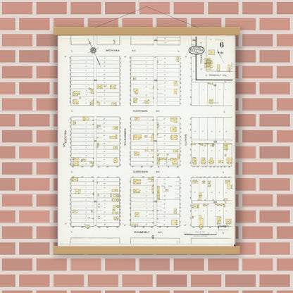 Old map wall art mockup — magnetic wood frame on brick wall — Sanborn Fire Insurance Map from Electra, Wichita County, Texas (1919), Sheet #0006