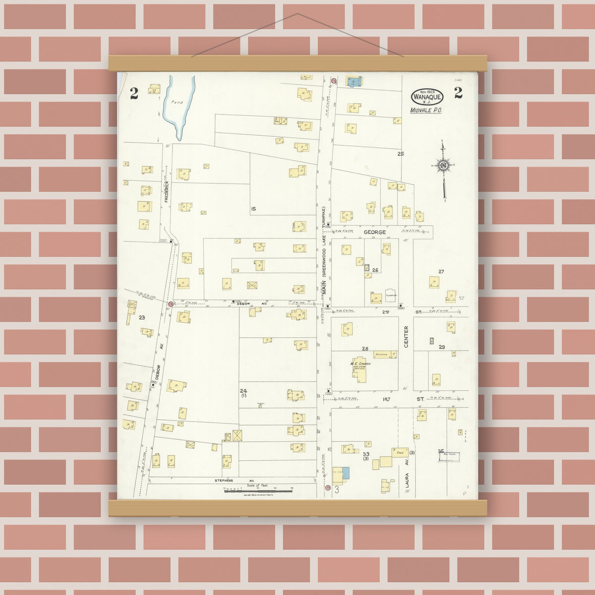 Old map wall art mockup — magnetic wood frame on brick wall — Sanborn Fire Insurance Map from Wanaque, Passaic County, New Jersey (1923), Sheet #0002