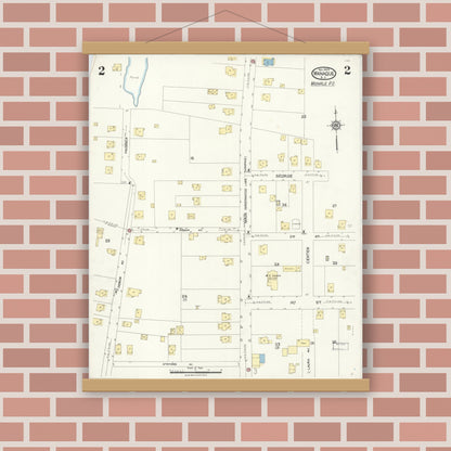 Old map wall art mockup — magnetic wood frame on brick wall — Sanborn Fire Insurance Map from Wanaque, Passaic County, New Jersey (1923), Sheet #0002