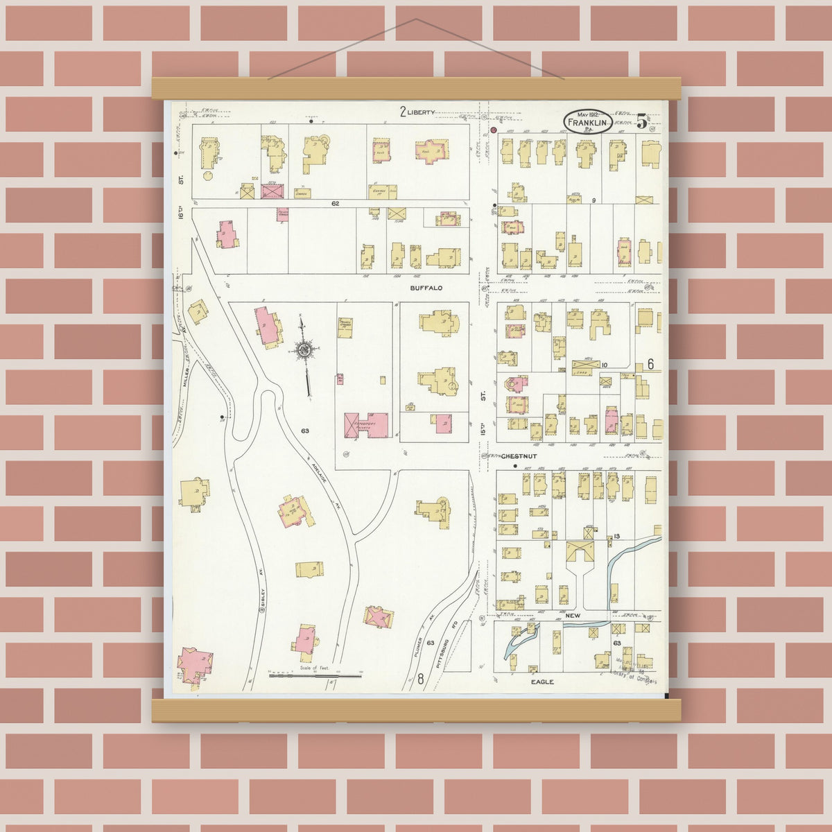 Old map wall art mockup — magnetic wood frame on brick wall — Sanborn Fire Insurance Map from Franklin, Venango County, Pennsylvania (1912), Sheet #0005