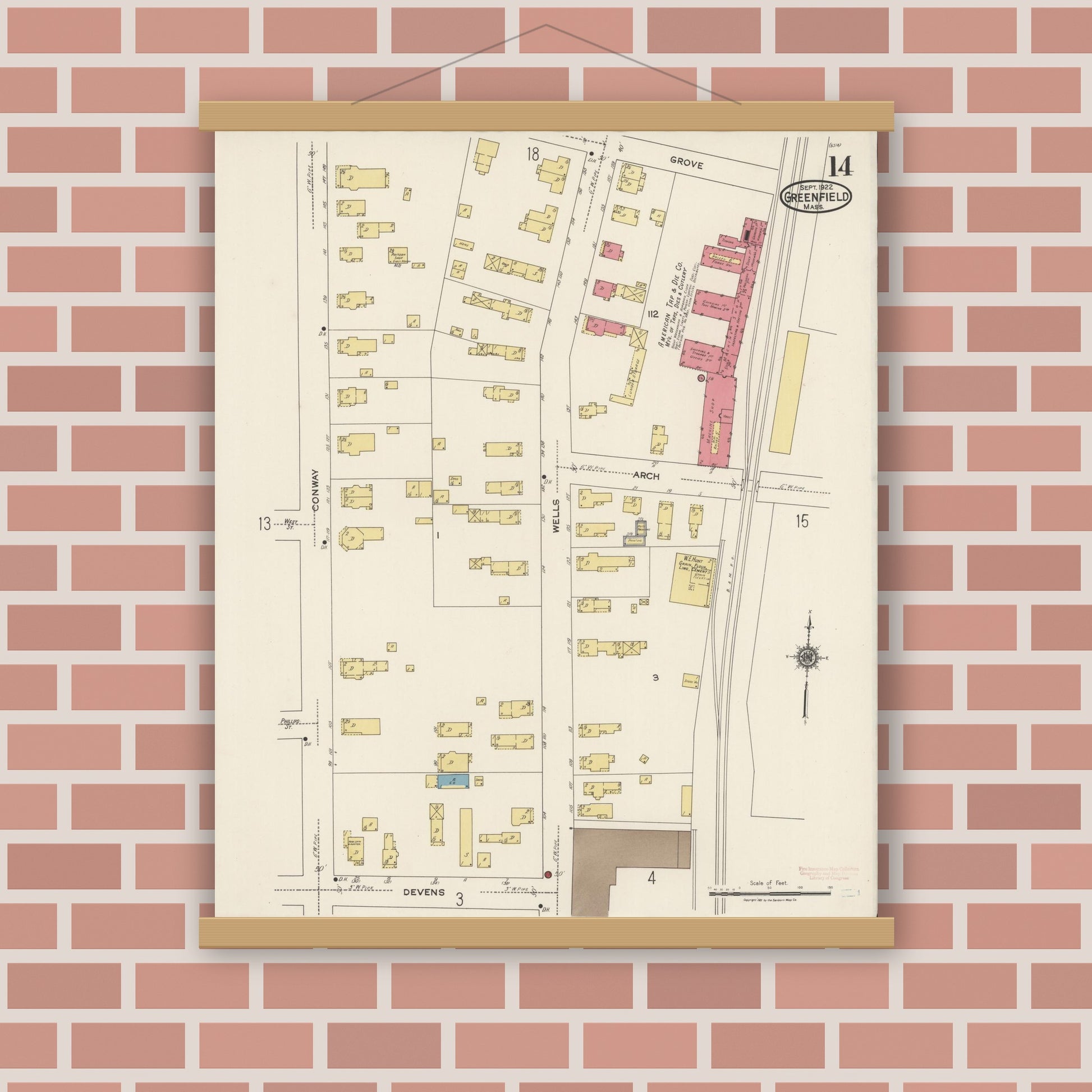 Old map wall art mockup — magnetic wood frame on brick wall — Sanborn Fire Insurance Map from Greenfield, Franklin County, Massachusetts (1922), Sheet #0014
