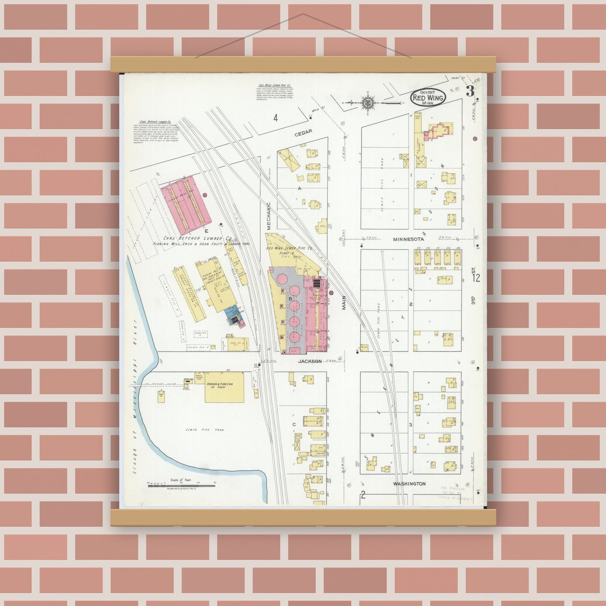 Old map wall art mockup — magnetic wood frame on brick wall — Sanborn Fire Insurance Map from Red Wing, Goodhue County, Minnesota (1917), Sheet #0003