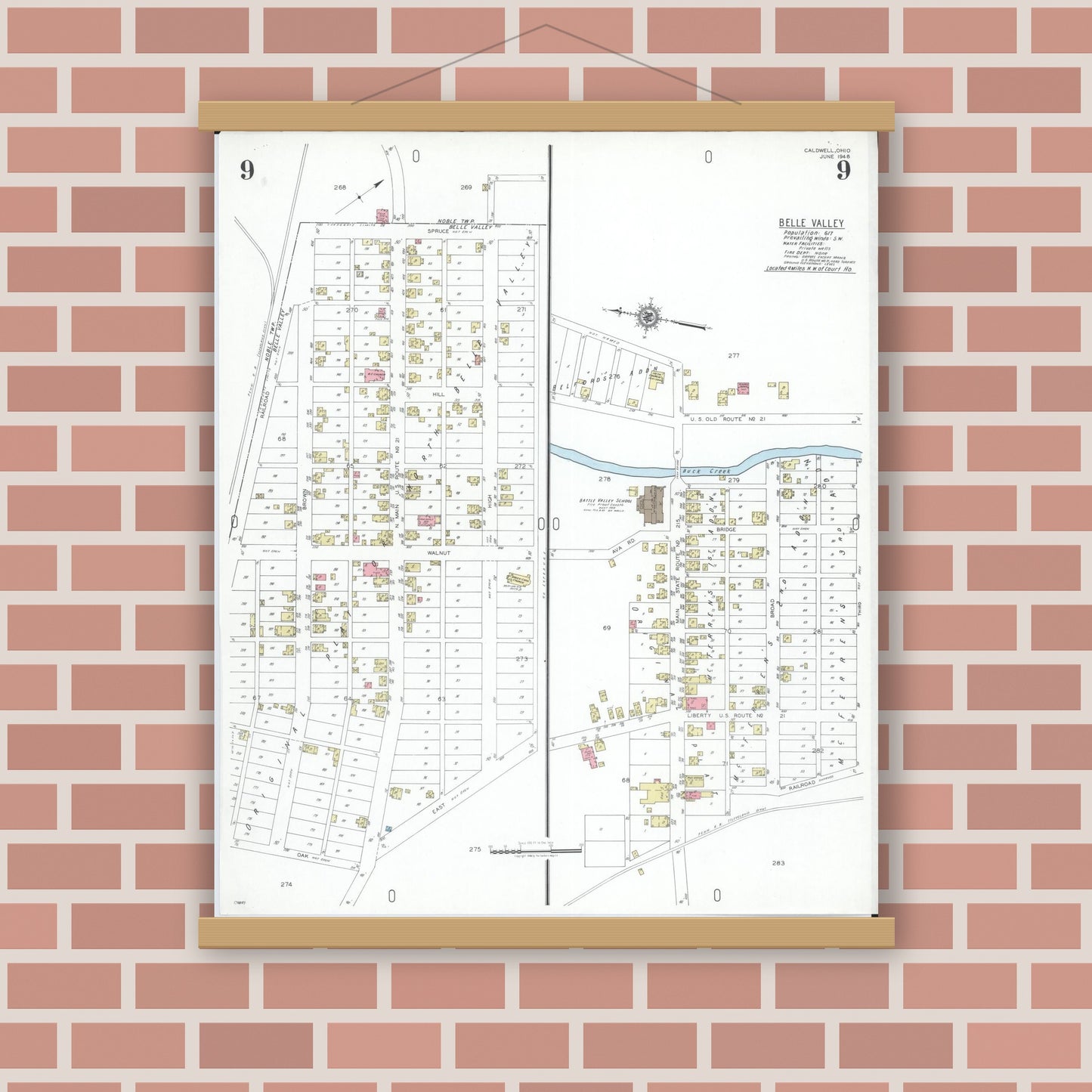 Old map wall art mockup — magnetic wood frame on brick wall — Sanborn Fire Insurance Map from Caldwell, Noble County, Ohio (1948), Sheet #0009