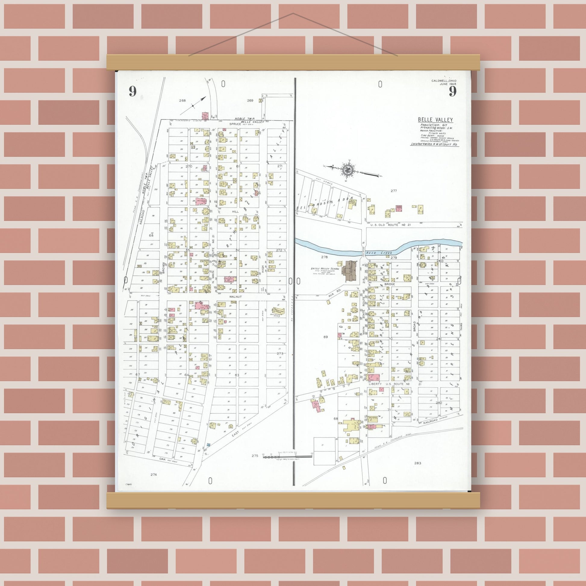 Old map wall art mockup — magnetic wood frame on brick wall — Sanborn Fire Insurance Map from Caldwell, Noble County, Ohio (1948), Sheet #0009
