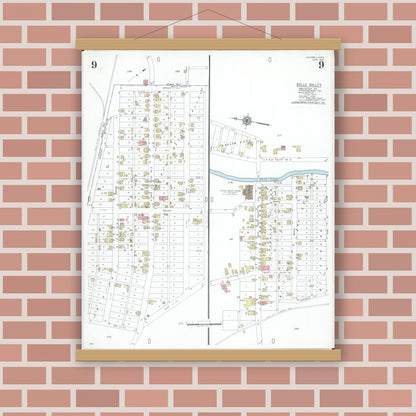 Old map wall art mockup — magnetic wood frame on brick wall — Sanborn Fire Insurance Map from Caldwell, Noble County, Ohio (1948), Sheet #0009