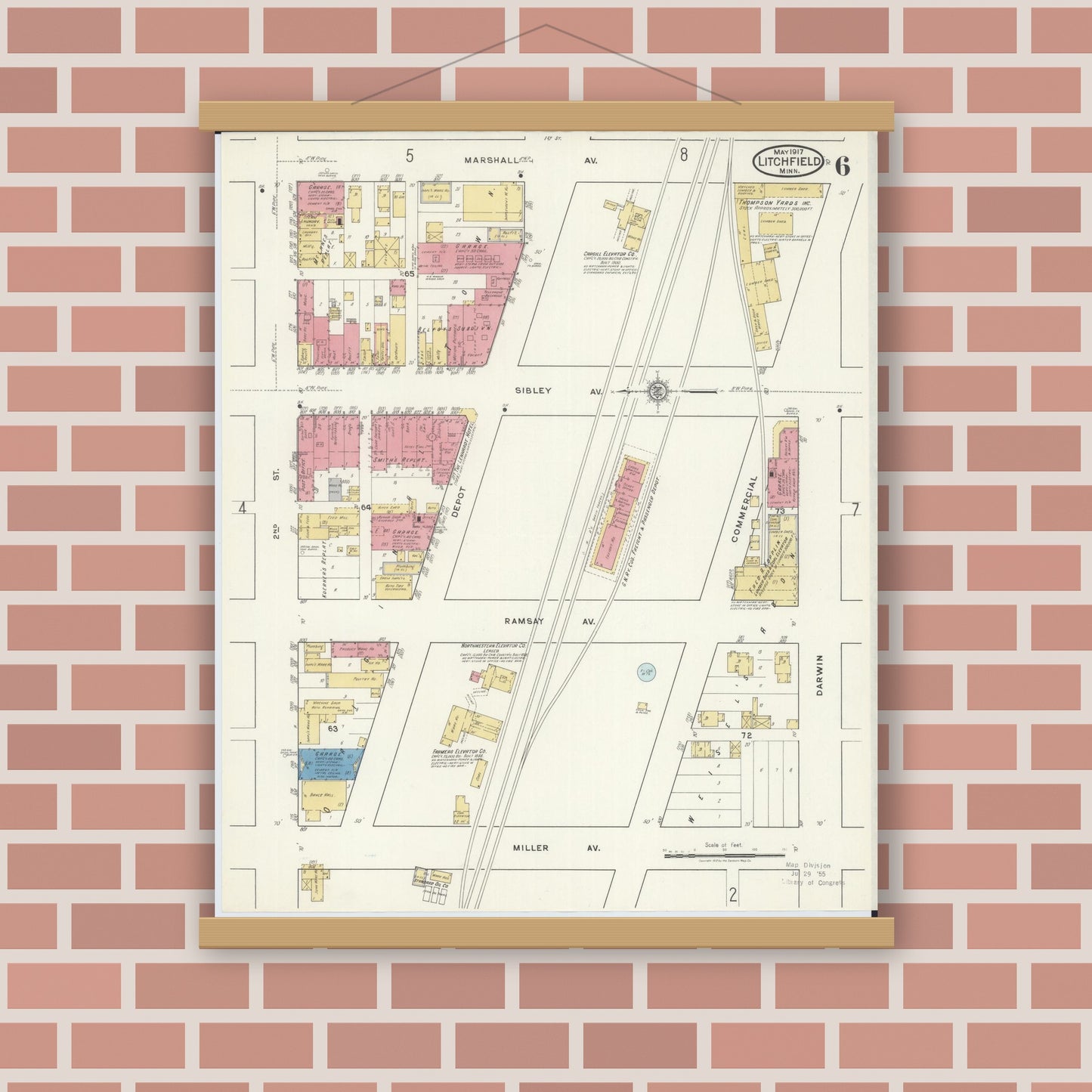 Old map wall art mockup — magnetic wood frame on brick wall — Sanborn Fire Insurance Map from Litchfield, Meeker County, Minnesota (1917), Sheet #0006