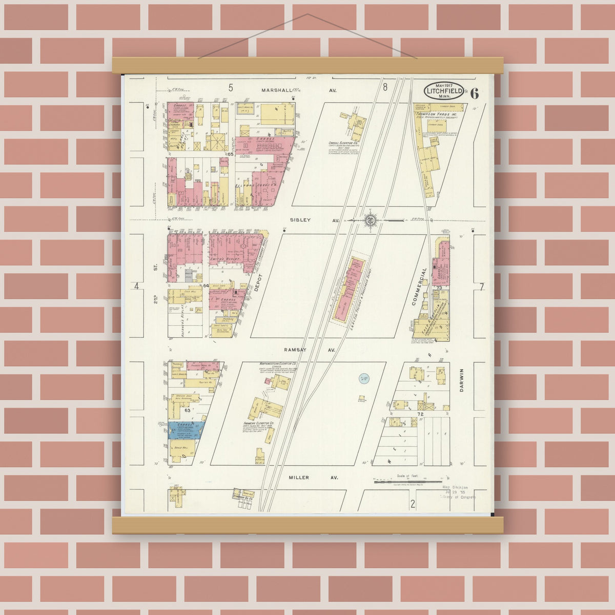 Old map wall art mockup — magnetic wood frame on brick wall — Sanborn Fire Insurance Map from Litchfield, Meeker County, Minnesota (1917), Sheet #0006