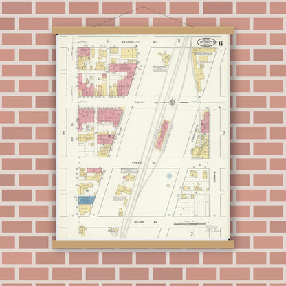 Old map wall art mockup — magnetic wood frame on brick wall — Sanborn Fire Insurance Map from Litchfield, Meeker County, Minnesota (1917), Sheet #0006