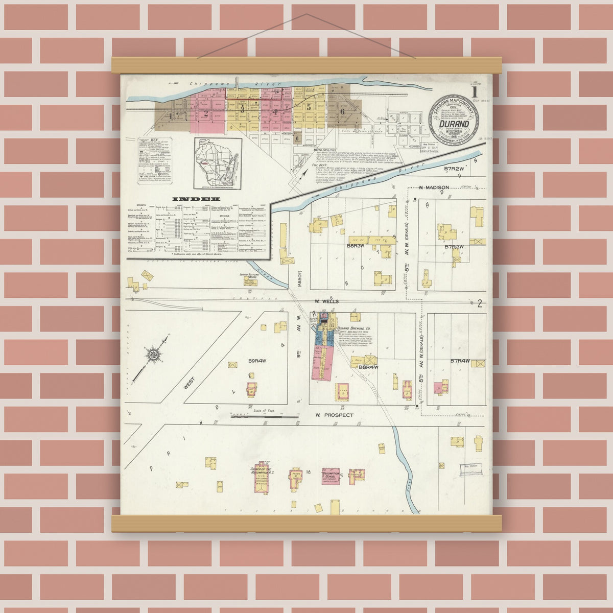Old map wall art mockup — magnetic wood frame on brick wall — Sanborn Fire Insurance Map from Durand, Pepin County, Wisconsin (1916) - Complete Map Set