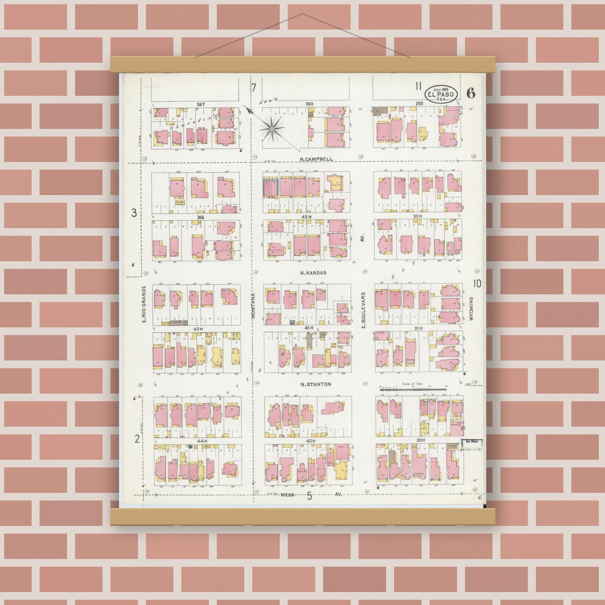 Old map wall art mockup — magnetic wood frame on brick wall — Sanborn Fire Insurance Map from El Paso, El Paso County, Texas (1905), Sheet #0006