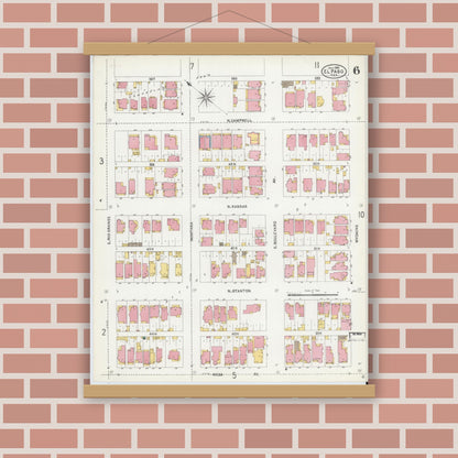 Old map wall art mockup — magnetic wood frame on brick wall — Sanborn Fire Insurance Map from El Paso, El Paso County, Texas (1905), Sheet #0006