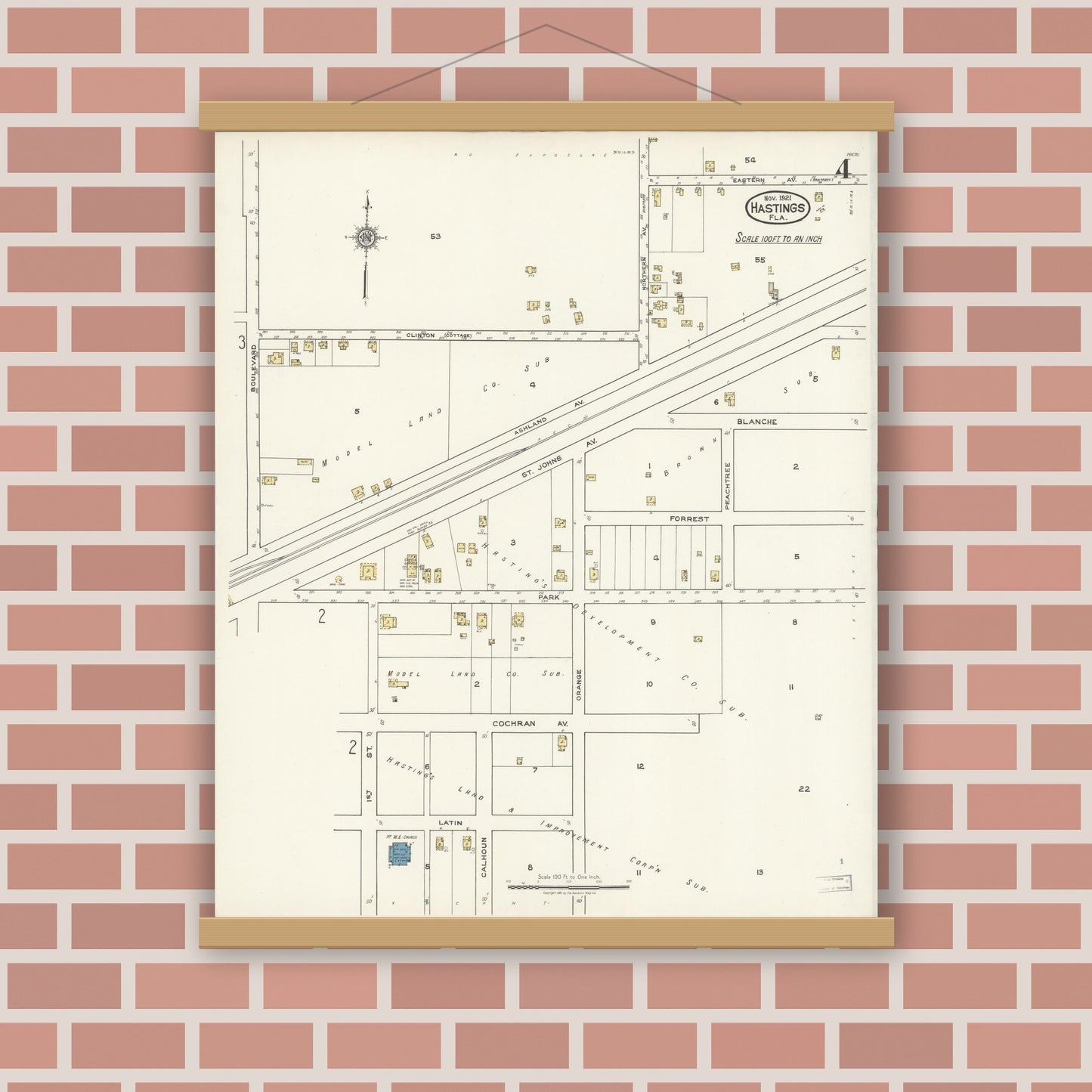 Old map wall art mockup — magnetic wood frame on brick wall — Sanborn Fire Insurance Map from Hastings, St. Johns County, Florida (1921), Sheet #0004
