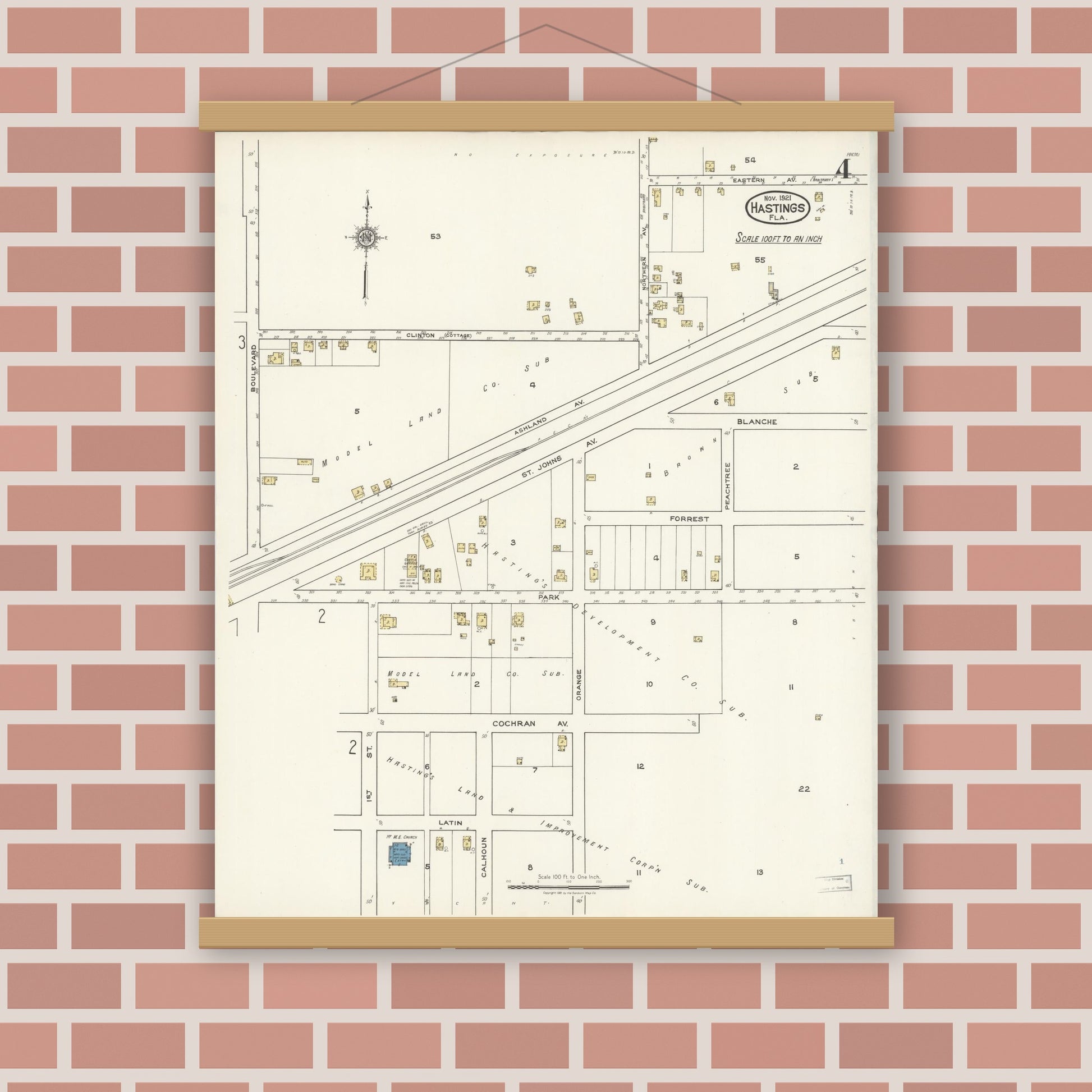 Old map wall art mockup — magnetic wood frame on brick wall — Sanborn Fire Insurance Map from Hastings, St. Johns County, Florida (1921), Sheet #0004