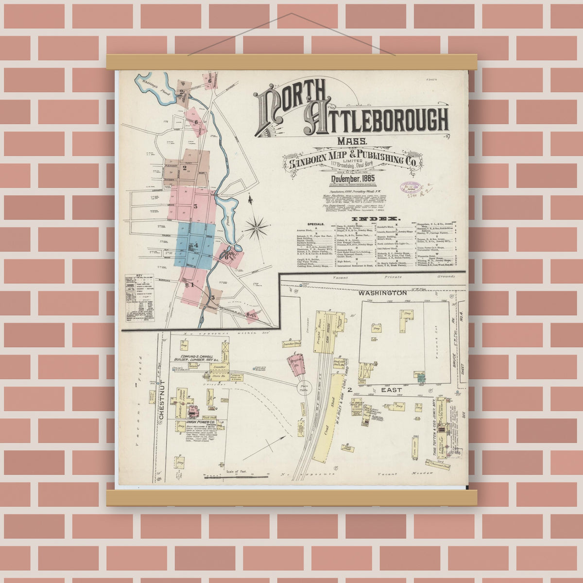 Old map wall art mockup — magnetic wood frame on brick wall — Sanborn Fire Insurance Map from North Attleborough, Bristol County, Massachusetts (1885) - Complete Map Set