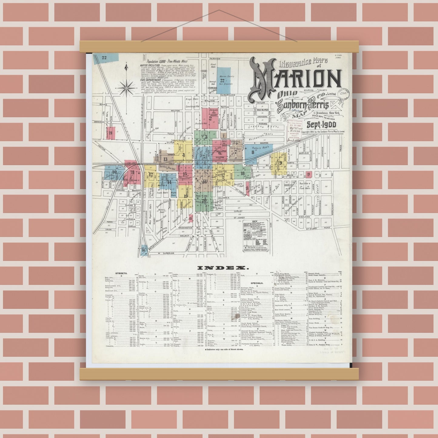 Old map wall art mockup — magnetic wood frame on brick wall — Sanborn Fire Insurance Map from Marion, Marion County, Ohio (1900), Sheet #0001