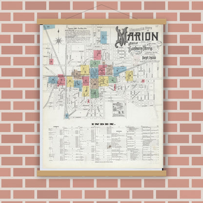 Old map wall art mockup — magnetic wood frame on brick wall — Sanborn Fire Insurance Map from Marion, Marion County, Ohio (1900), Sheet #0001