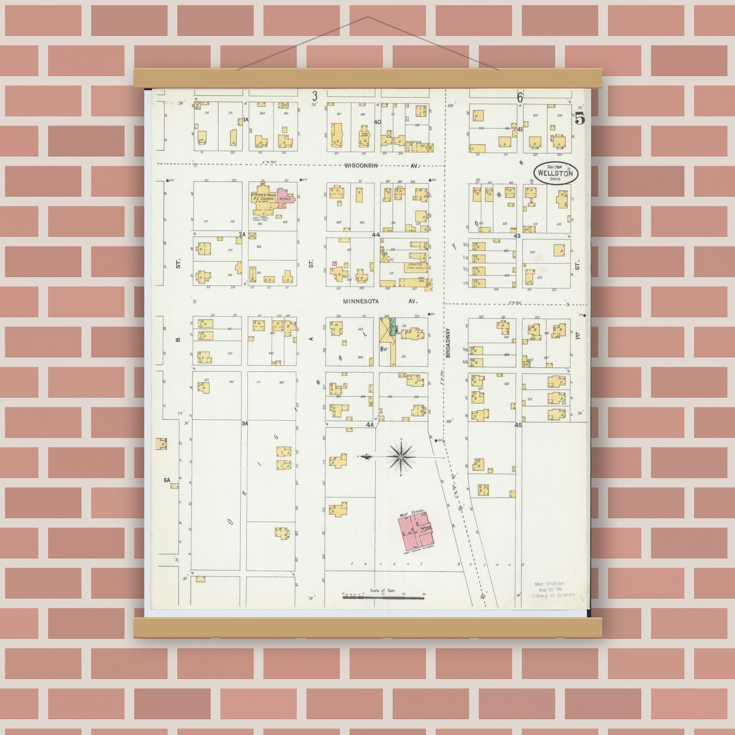 Old map wall art mockup — magnetic wood frame on brick wall — Sanborn Fire Insurance Map from Wellston, Jackson County, Ohio (1904), Sheet #0005