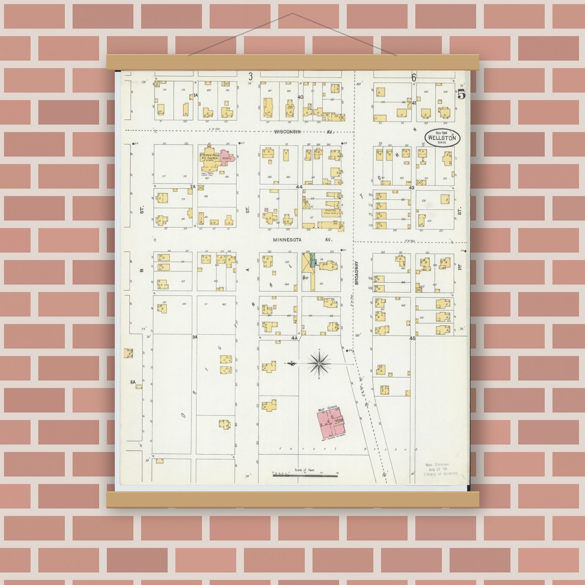 Old map wall art mockup — magnetic wood frame on brick wall — Sanborn Fire Insurance Map from Wellston, Jackson County, Ohio (1904), Sheet #0005