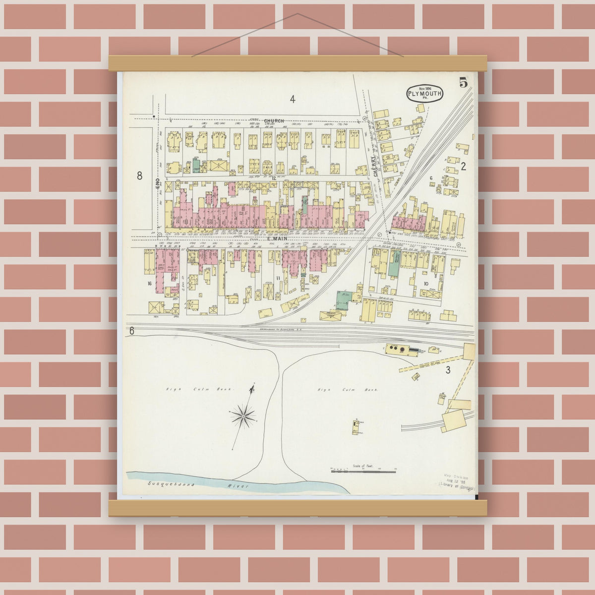 Old map wall art mockup — magnetic wood frame on brick wall — Sanborn Fire Insurance Map from Plymouth, Luzerne County, Pennsylvania (1896), Sheet #0005