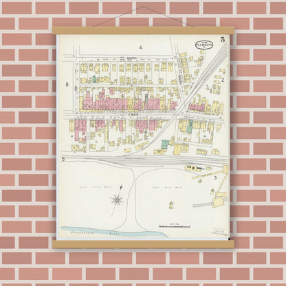 Old map wall art mockup — magnetic wood frame on brick wall — Sanborn Fire Insurance Map from Plymouth, Luzerne County, Pennsylvania (1896), Sheet #0005