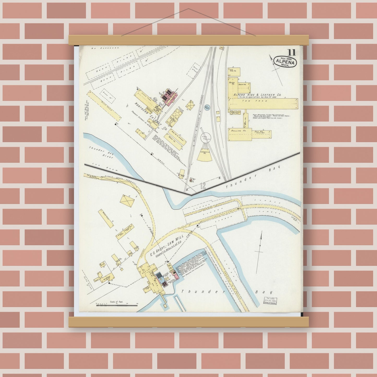 Old map wall art mockup — magnetic wood frame on brick wall — Sanborn Fire Insurance Map from Alpena, Alpena County, Michigan (1895), Sheet #0011