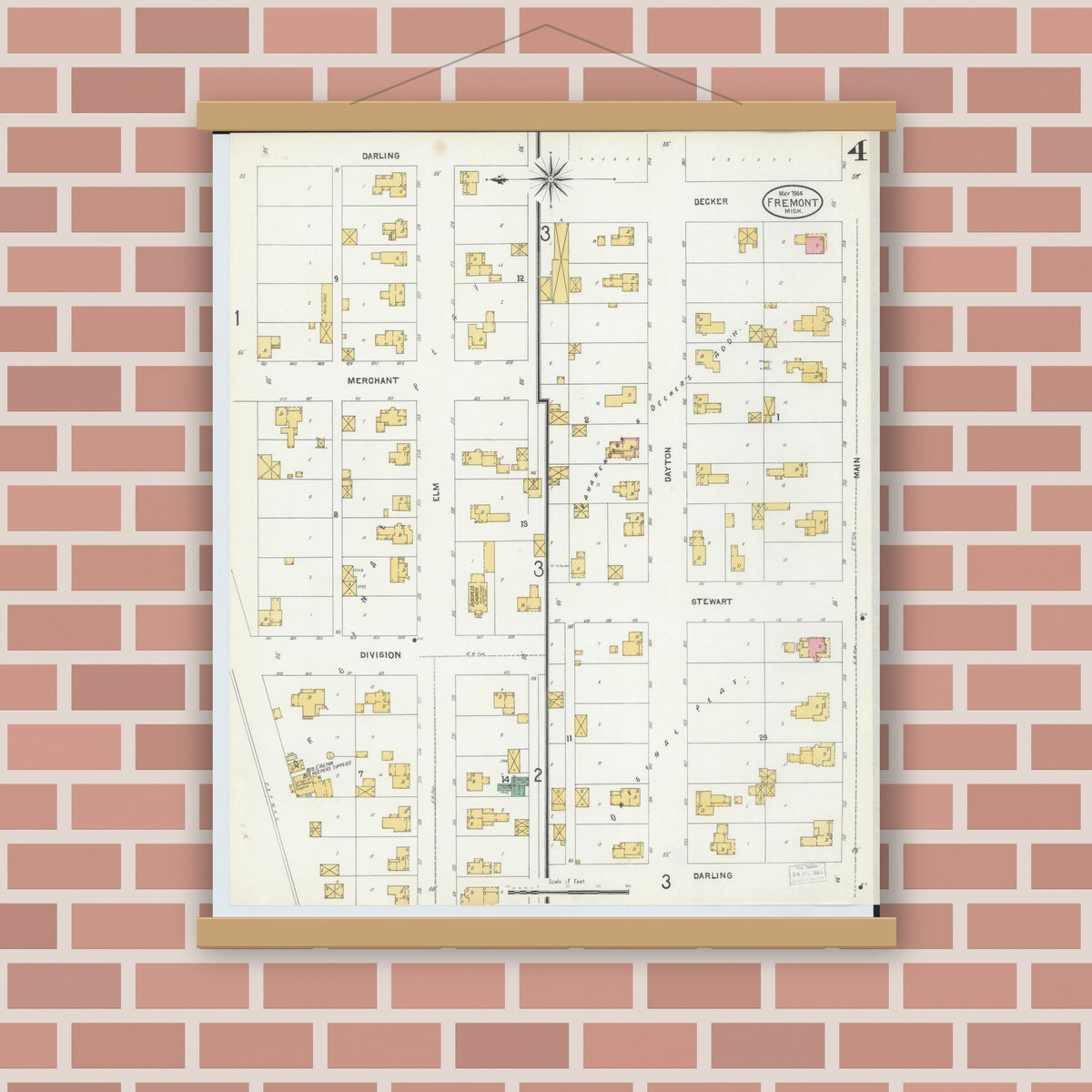 Old map wall art mockup — magnetic wood frame on brick wall — Sanborn Fire Insurance Map from Fremont, Newaygo County, Michigan (1904), Sheet #0004