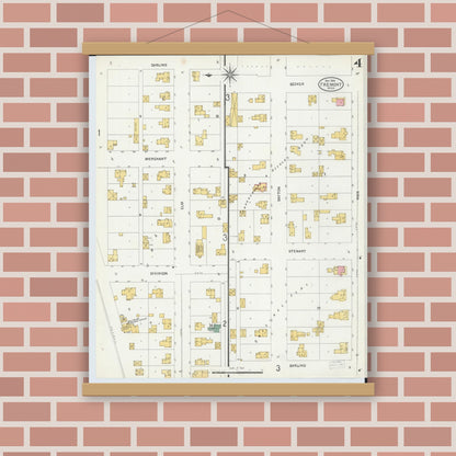 Old map wall art mockup — magnetic wood frame on brick wall — Sanborn Fire Insurance Map from Fremont, Newaygo County, Michigan (1904), Sheet #0004