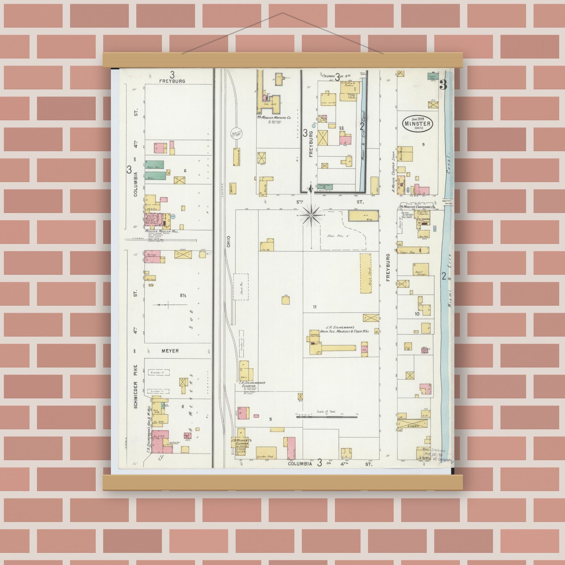 Old map wall art mockup — magnetic wood frame on brick wall — Sanborn Fire Insurance Map from Minster, Auglaize County, Ohio (1899), Sheet #0003