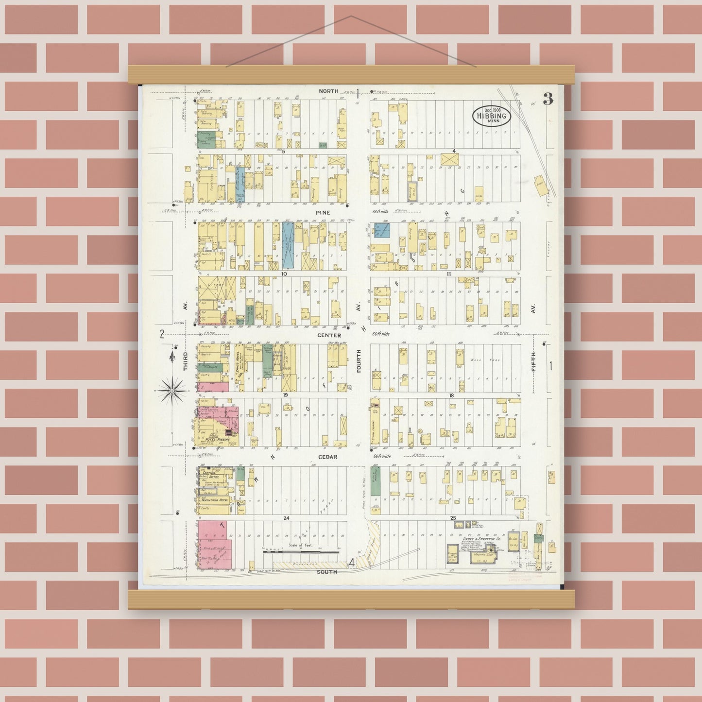 Old map wall art mockup — magnetic wood frame on brick wall — Sanborn Fire Insurance Map from Hibbing, Saint Louis County, Minnesota (1908), Sheet #0003