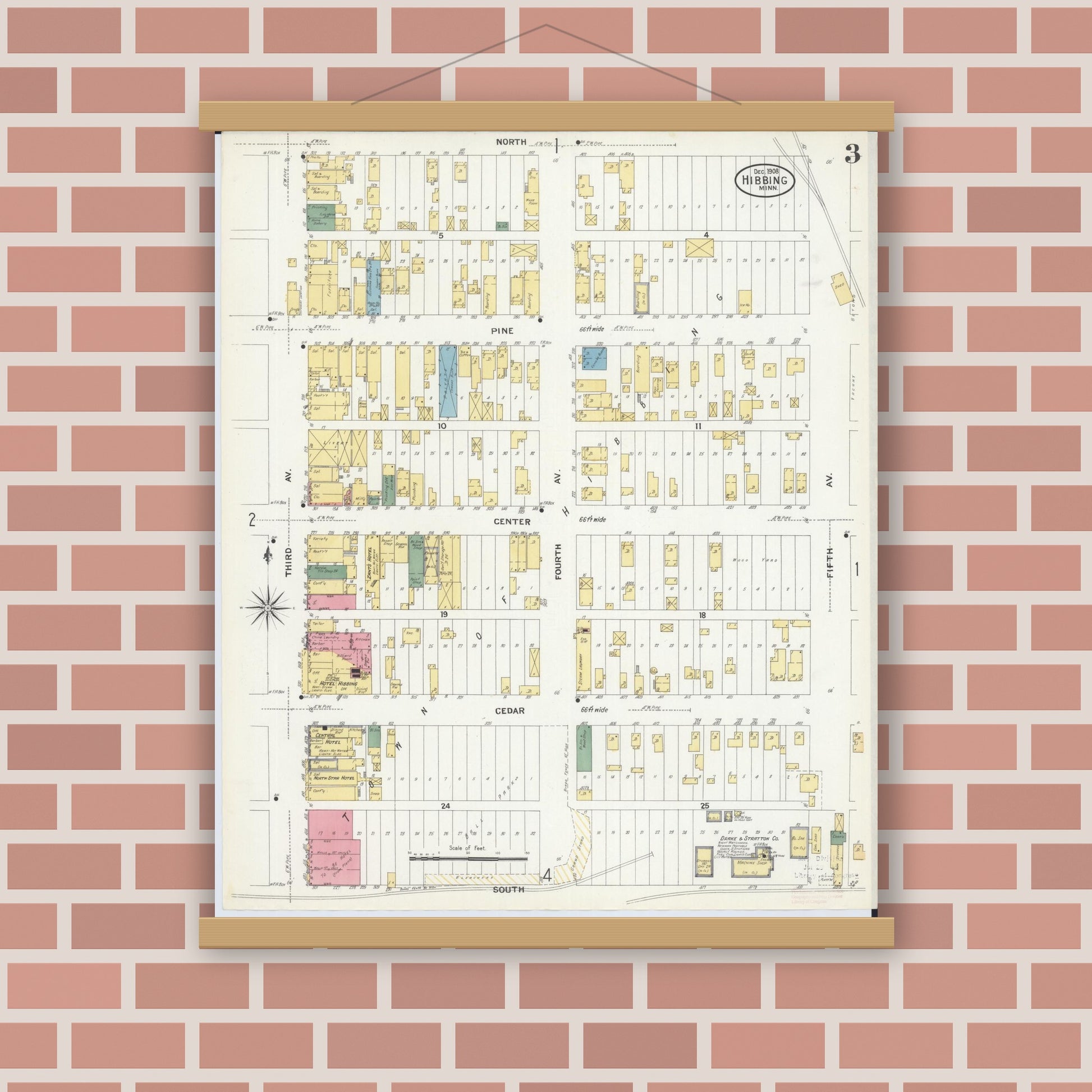 Old map wall art mockup — magnetic wood frame on brick wall — Sanborn Fire Insurance Map from Hibbing, Saint Louis County, Minnesota (1908), Sheet #0003