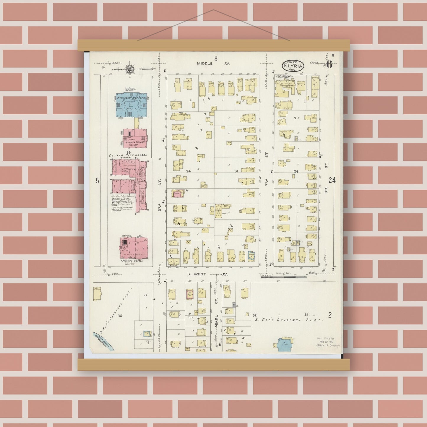 Old map wall art mockup — magnetic wood frame on brick wall — Sanborn Fire Insurance Map from Elyria, Lorain County, Ohio (1915), Sheet #0006