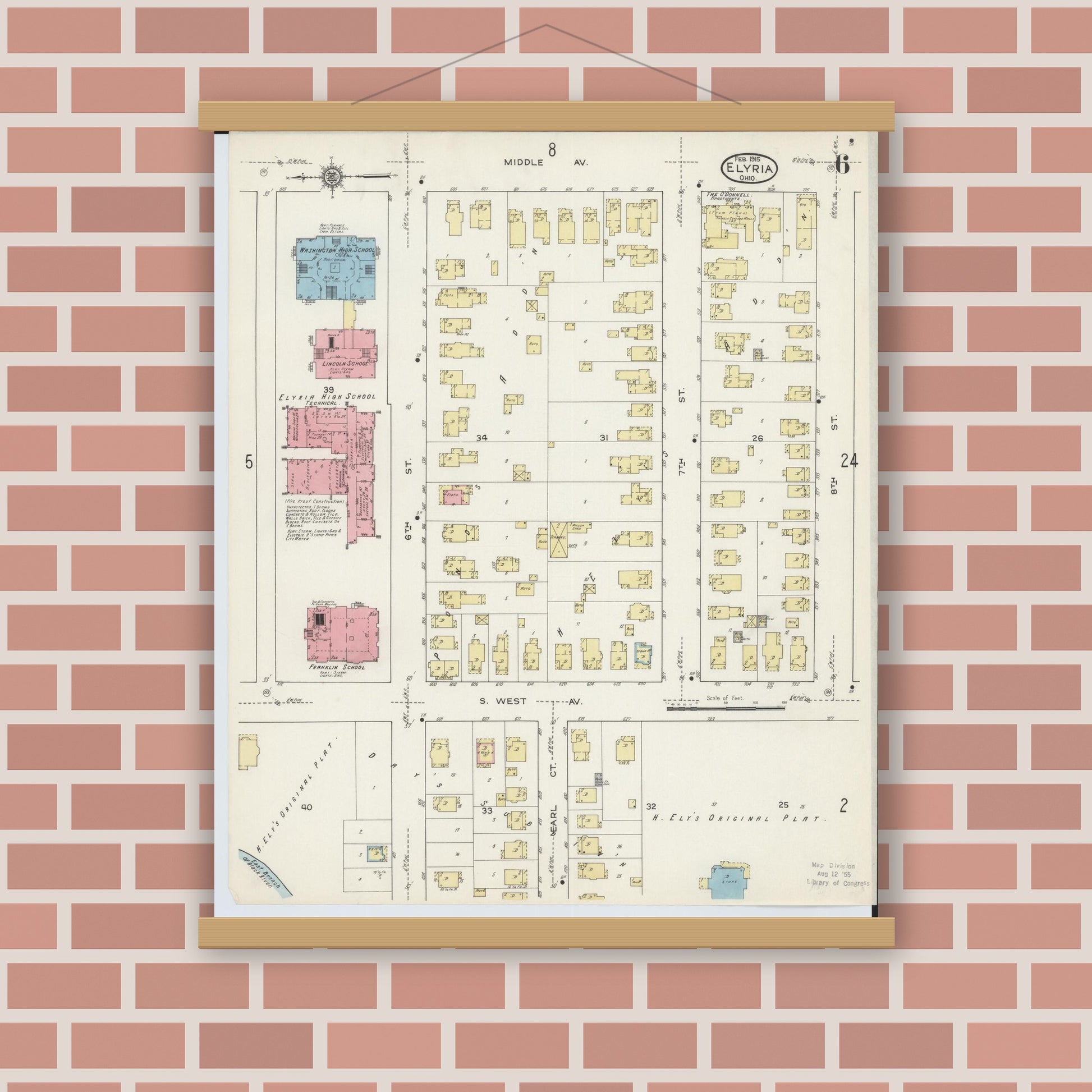 Old map wall art mockup — magnetic wood frame on brick wall — Sanborn Fire Insurance Map from Elyria, Lorain County, Ohio (1915), Sheet #0006