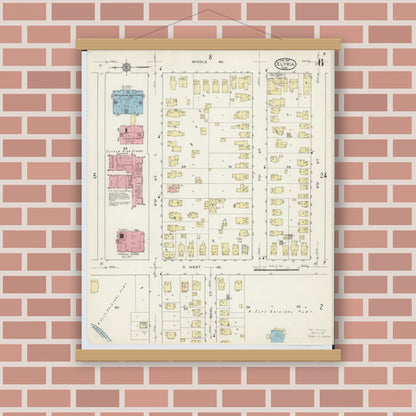 Old map wall art mockup — magnetic wood frame on brick wall — Sanborn Fire Insurance Map from Elyria, Lorain County, Ohio (1915), Sheet #0006
