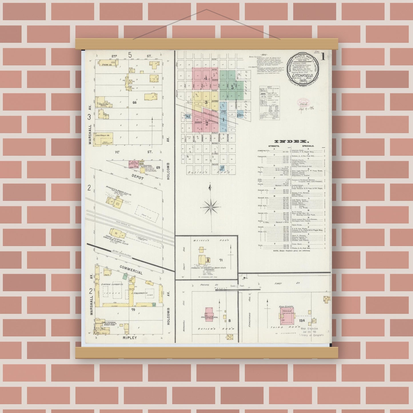 Old map wall art mockup — magnetic wood frame on brick wall — Sanborn Fire Insurance Map from Litchfield, Meeker County, Minnesota (1896), Sheet #0001