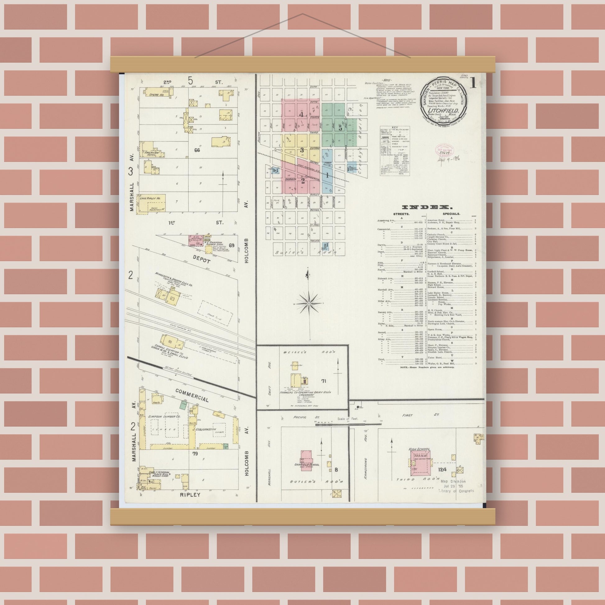 Old map wall art mockup — magnetic wood frame on brick wall — Sanborn Fire Insurance Map from Litchfield, Meeker County, Minnesota (1896), Sheet #0001
