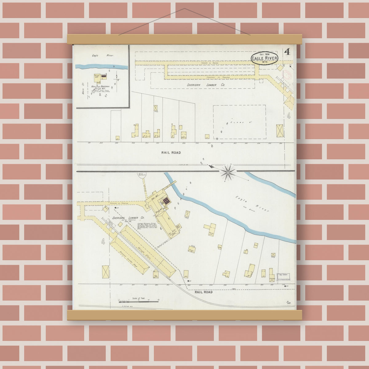 Old map wall art mockup — magnetic wood frame on brick wall — Sanborn Fire Insurance Map from Eagle River, Vilas County, Wisconsin (1894), Sheet #0004