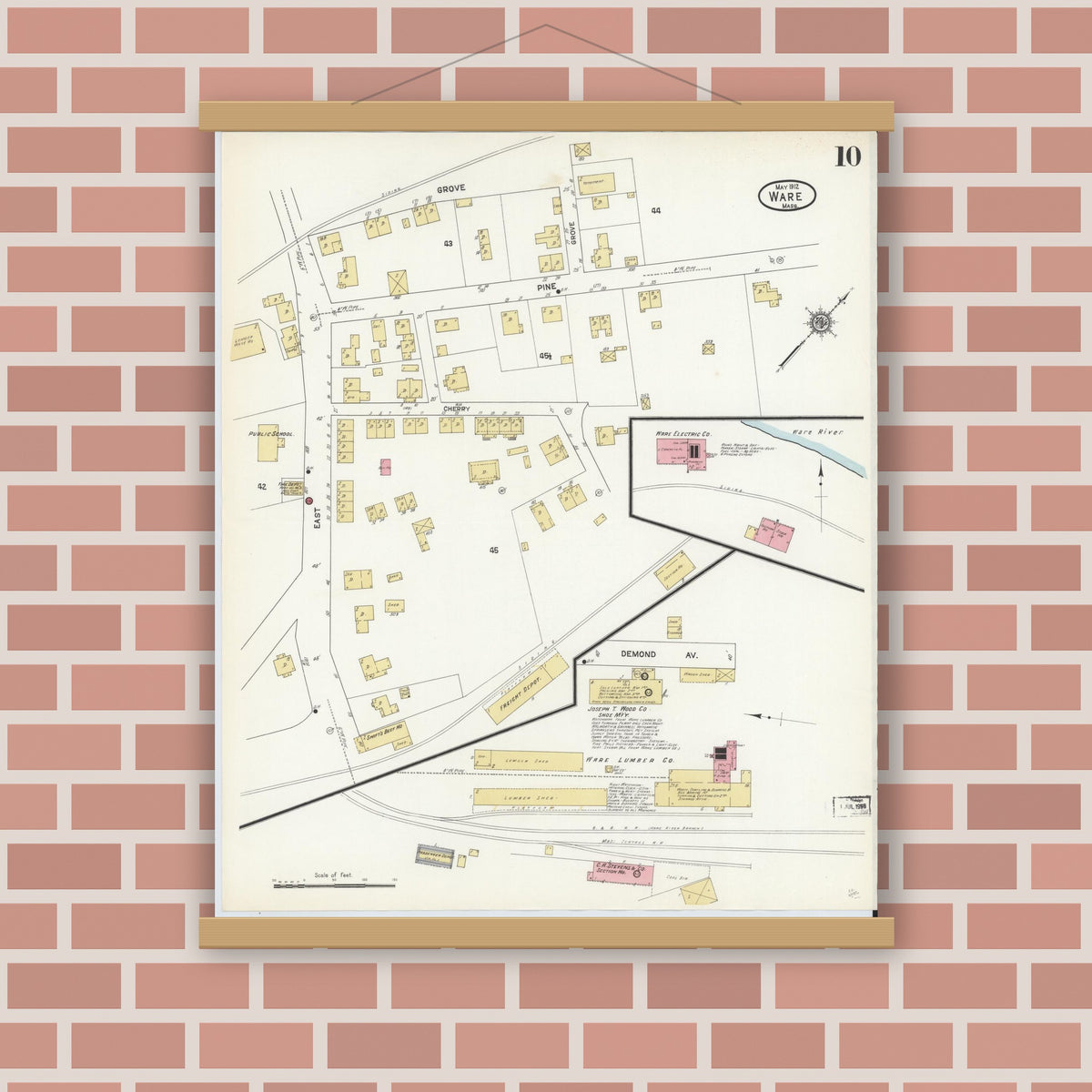 Old map wall art mockup — magnetic wood frame on brick wall — Sanborn Fire Insurance Map from Ware, Hampshire County, Massachusetts (1912), Sheet #0010