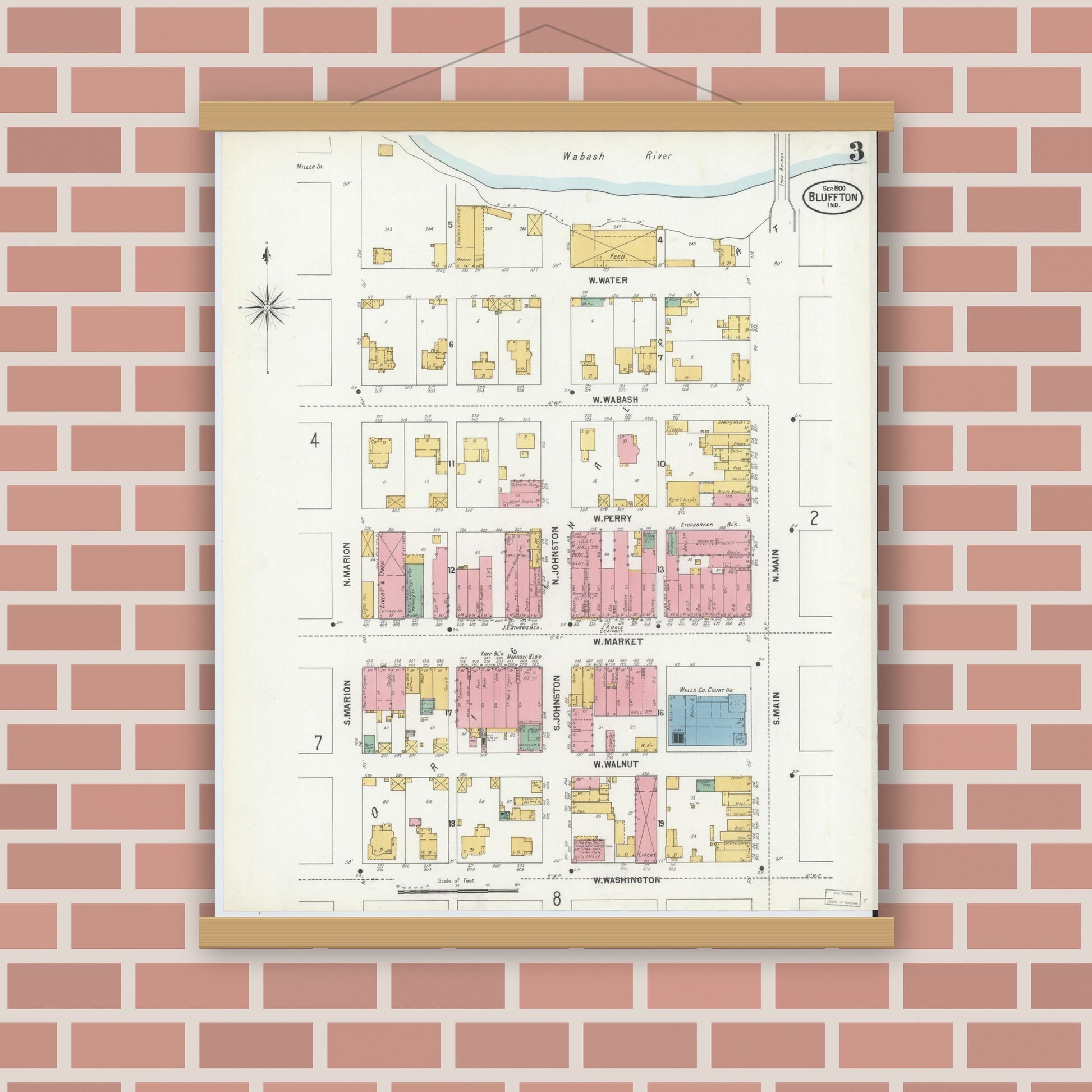 Old map wall art mockup — magnetic wood frame on brick wall — Sanborn Fire Insurance Map from Bluffton, Wells County, Indiana (1900), Sheet #0003