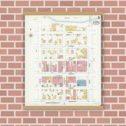Old map wall art mockup — magnetic wood frame on brick wall — Sanborn Fire Insurance Map from Bluffton, Wells County, Indiana (1900), Sheet #0003