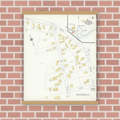 Old map wall art mockup — magnetic wood frame on brick wall — Sanborn Fire Insurance Map from Spencer, Worcester County, Massachusetts (1912), Sheet #0004