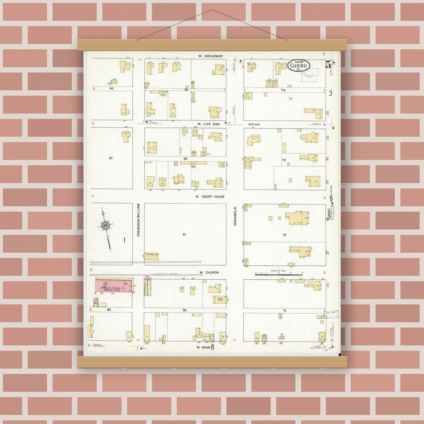 Old map wall art mockup — magnetic wood frame on brick wall — Sanborn Fire Insurance Map from Cuero, De Witt County, Texas (1912), Sheet #0005