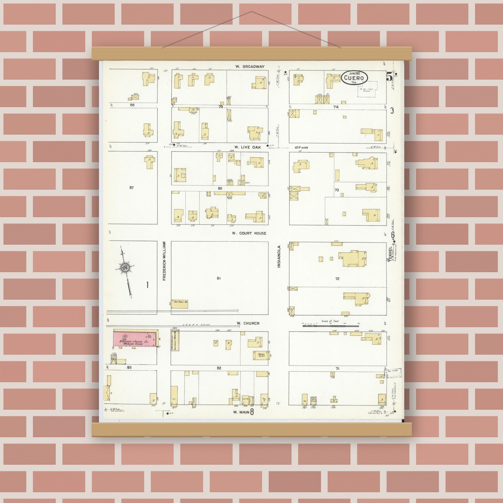 Old map wall art mockup — magnetic wood frame on brick wall — Sanborn Fire Insurance Map from Cuero, De Witt County, Texas (1912), Sheet #0005